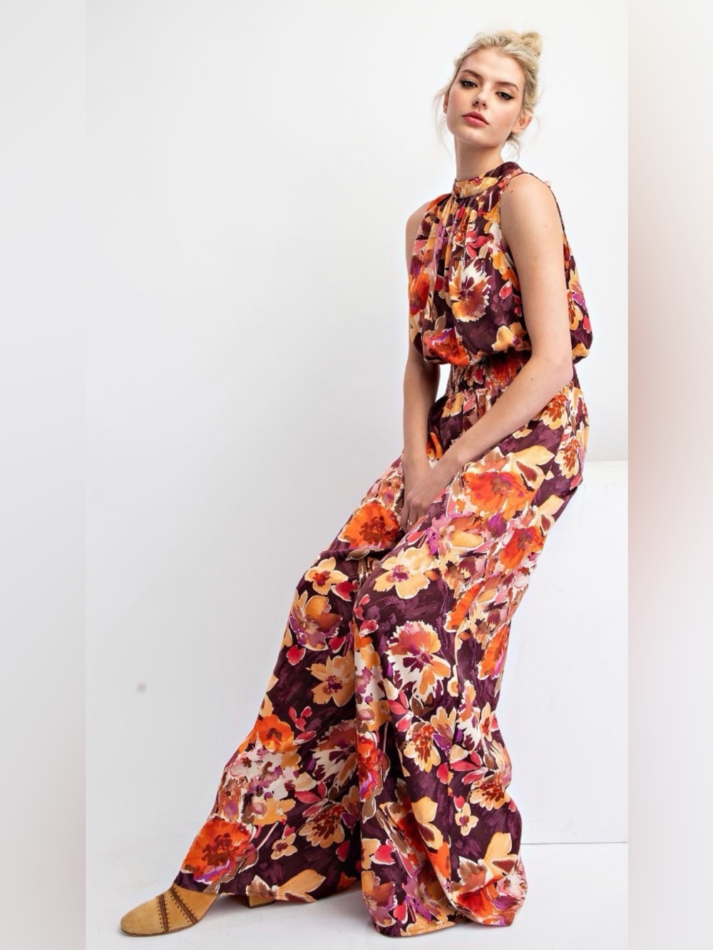 Easel Floral Brown and Orange Boho Wide Leg Jumpsuit - Picture 2 of 5